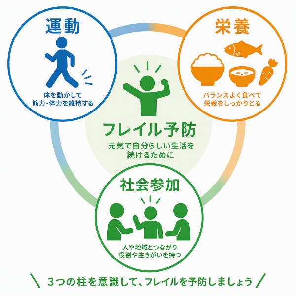 上記説明の、フレイル予防には運動と栄養と社会参加が大切をあらわすイラスト