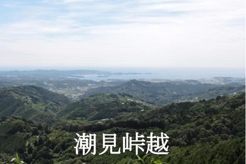 「潮見峠越」とテキストの入った、木々が茂った山々と奥に海が見える上空からの景色の写真(田辺市へリンク)