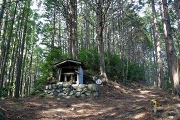 山の道中にある石垣の上に建てられた小さな祠の写真