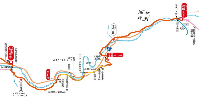 鮎川王子から滝尻王子までのルートを示した地図