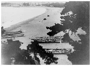 浜辺に小舟が引き上げられて並んでいる白黒の写真