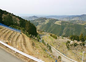道路から山の斜面や麓を見下ろした写真