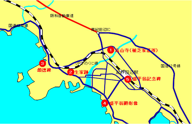 植芝盛平翁のスポットが書かれた地図