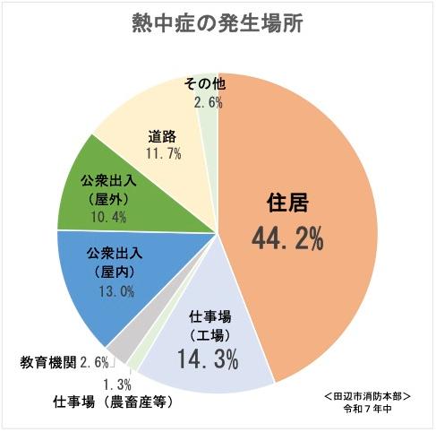 熱中症の発生場所別の円グラフ 詳細は以下