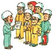 ヘルメットや防災頭巾をかぶった人たちが資料を持っている人の話を聞いているイラスト