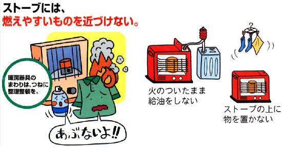 ストーブを使用する上での注意点の説明イラスト 詳細は以下