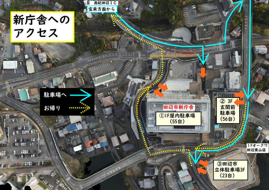 宝来町方面から田辺市新庁舎への案内図