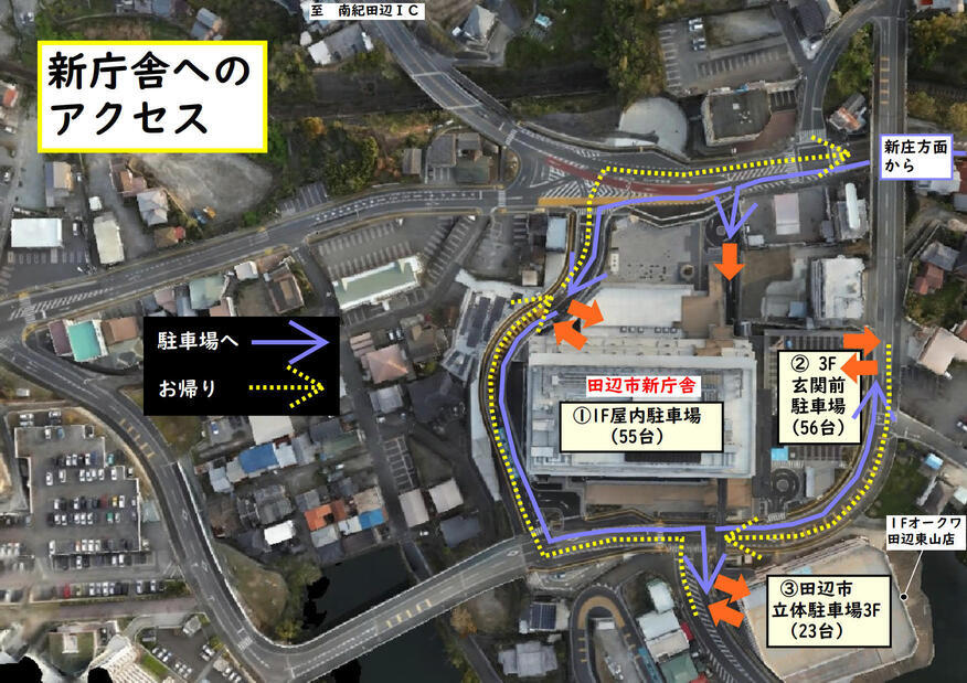 新庄町方面から田辺市新庁舎への案内図