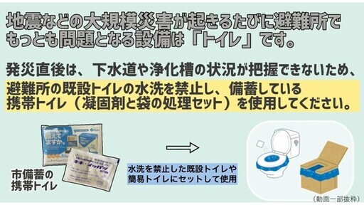 携帯トイレの必要性と使い方を説明しているイラスト 詳細は以下URL