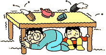 地震が起きて2人の人がテーブルの下にもぐっているイラスト