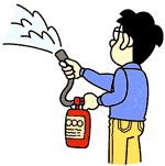 男性が消火器のホースから消災剤を噴射しているイラスト