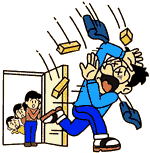 男性が上から落ちてきたブロックや瓦に当たっているイラスト