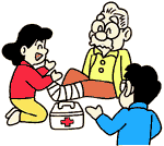 女性が老齢の男性の足に包帯を巻いて処置をしたイラスト