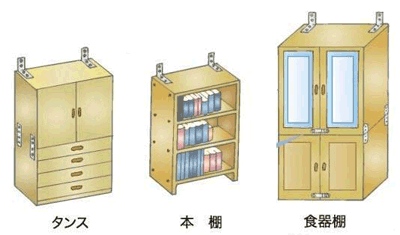 タンス・本棚・食器棚のそれぞれに転倒防止金具が取り付けられたイラスト