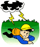 雷が鳴っている屋外で男性が地面に這いつくばっているイラスト