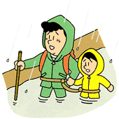 雨具姿の男性と男の子が腰をロープで繋いで脚まで水位が上がっている道を歩いているイラスト