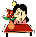 花瓶が置かれたテーブルの小さな揺れにハッとしている女性のイラスト