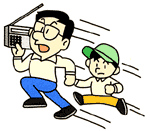 男性がラジオを持ちながら男の子と手を繋いで走っているイラスト