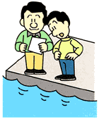男性二人が水辺の縁に立ち水の様子を確認しているイラスト
