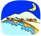 夜の海辺で波が海岸に寄っているイラスト