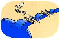 橋のかかった河川の波が大きく立ちその場から人が逃げているイラスト