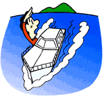 船に乗った人が船から飛び出して後ろを確認しているイラスト