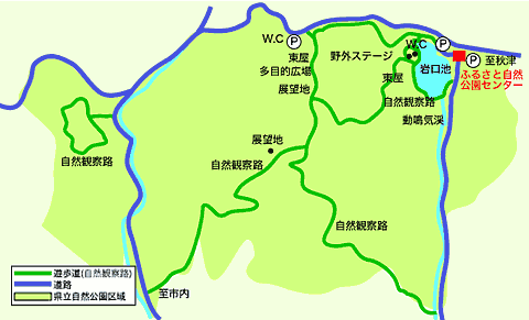 区域、遊歩道、道路などが記されたひき岩群国民休養地の全体図