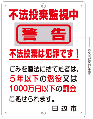 不法投棄を抑止するための啓発看板の見本 詳細は以下