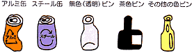 左からアルミ缶、スチール缶、無色（透明）ビン、茶色ビン、その他の色のビンのイラスト