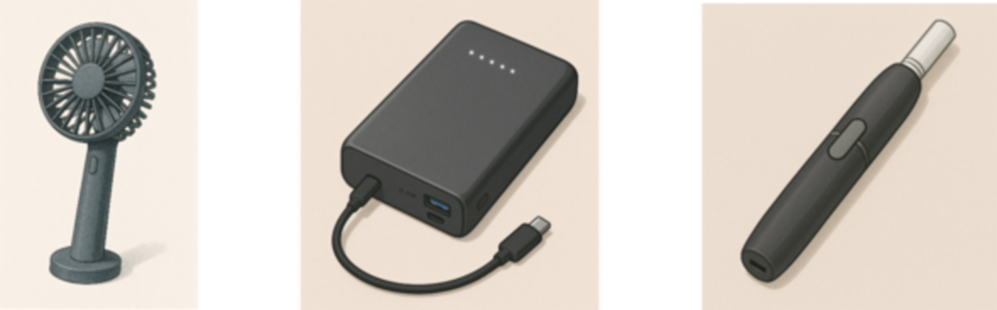 左はハンディ扇風機、真ん中はモバイルバッテリー、右は加熱式たばこのイラスト