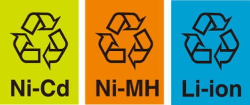 左がニカド電池のリサイクルマーク、真ん中がニッケル水素電池のリサイクルマーク、右がリチウムイオン電池のリサイクルマーク