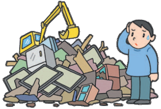 大量のごみの横で困っている男性のイラスト