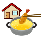 後ろに家が描かれた、煮えた油の入った鍋から箸でフライを取り出している様子のイラスト
