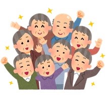 肩を組み、手を挙げて笑い合う中高年世代のイラスト