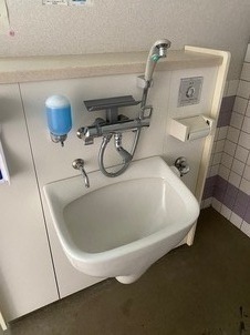 多目的トイレに設置された汚物流しシャワーが付いた流し台の写真