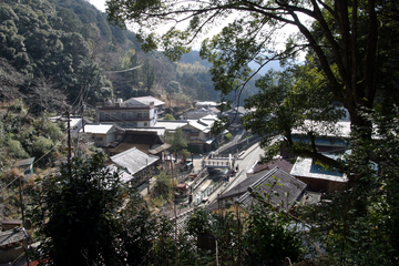 山の木々の間から和風建築の街並みが見える写真