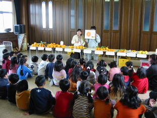みかんについての説明を聞いている子どもたちの写真