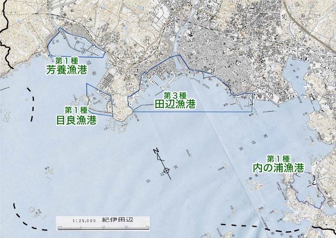 田辺市内の漁港の位置を示した地図 詳細は以下