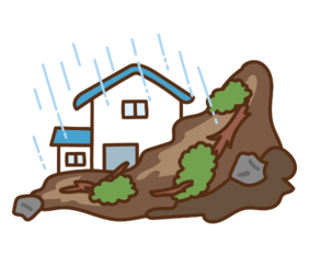 雨が降っている家の前で土砂崩れが起きているイラスト