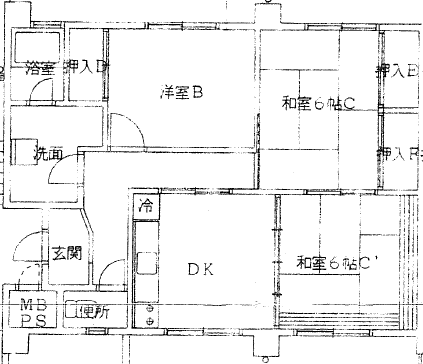 洋室や和室のある建物の間取り図