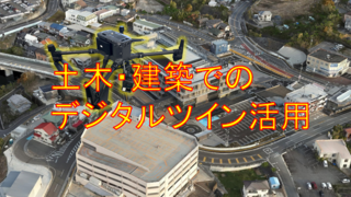 街中の航空写真を背景に「土木・建築でのデジタルツイン活用」と書かれた写真（YouTubeへリンク）
