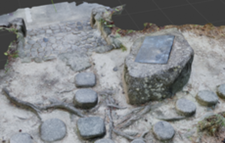 上部が平らな岩と連続して並べられた小さな石が地面に並べられている3Dモデル図