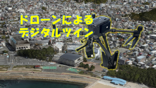 住宅街の航空写真を背景に「ドローンによるデジタルツイン」と書かれた写真（YouTubeへリンク）