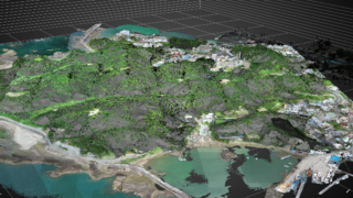 山が連なる一帯の木が除かれている状態を上側から捉えた3Dモデル図