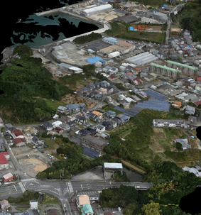 木々の緑がある中に住宅が立ち並んでいるのを上空から捉えた写真