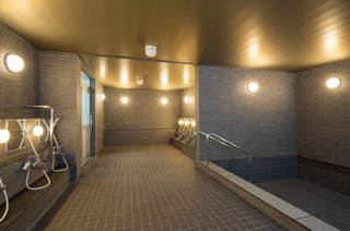 手すり付きの浴槽がある大浴場に暖色系の照明がついている写真