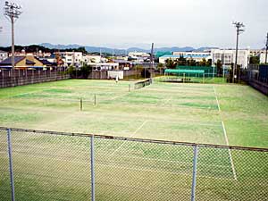 芝のテニスコートに夜間照明設備が設置されている写真