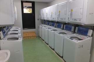 沢山の洗濯機と乾燥機が並べられている写真