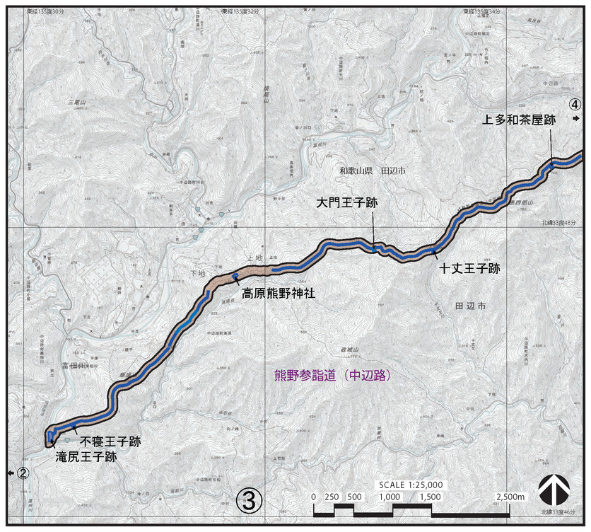 熊野参詣道(中辺路)の滝尻王子跡から上多和茶屋方面に続く周辺の地図