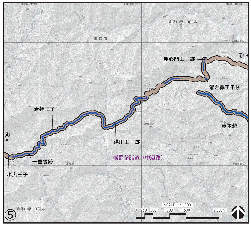 熊野参詣道(中辺路)の小広王子から発心王子跡に続く周辺の地図
